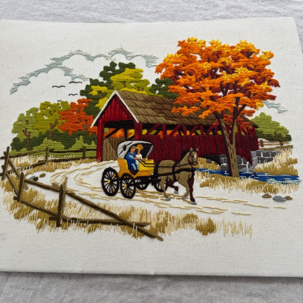 Vintage Sunset Designs Crewel Embroidery 16x20 Fall Trees Covered Bridge Haitian